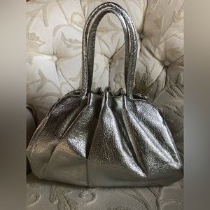Vintage 1960s Metallic Silver Purse with Clasped Closure side Pockets Tote